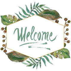 Exotic tropical hawaiian tree leaves. Watercolor background illustration set. Frame border ornament...