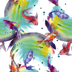 Aquatic underwater colorful tropical goldfish set. Watercolor background illustration set. Seamless background pattern.