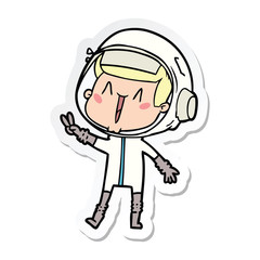 sticker of a happy cartoon astronaut giving peace sign