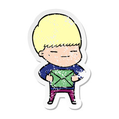 distressed sticker of a cartoon smug boy carrying present