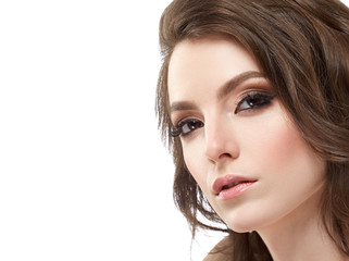 Beautiful skin face woman brunette hair natural makeup plastic surgery. Studio shot.