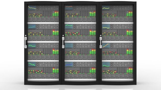 Animazione illustrazione 3D. Server computer dati.. Connessione e archiviazione dati computer, applicazioni..