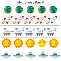 Educational game for children. What is different. Cute cartoon rocket, sun, planet earth, moon loader and UFO. Space theme. Vector illustration.