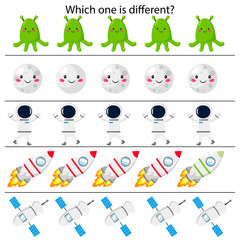 Educational game for children. What is different. Cute cartoon rocket, astronaut, moon, aliens and satellite. Space theme. Vector illustration.