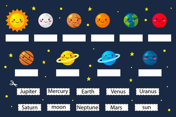 Learn the planets, educational game for preschool kids. Cut and glue planets name. Solar system. Cartoon kawaii characters. Vector illustration.