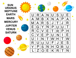 Educational game for kids. Word search game. Space theme. Solar system. Learning planets. Vector illustration.