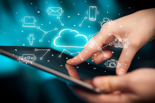 Hand working with cloud technology system and office symbol concept
