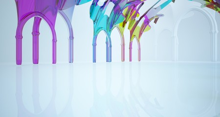 Abstract white and colored gradient smooth glasses gothic interior. 3D illustration and rendering.