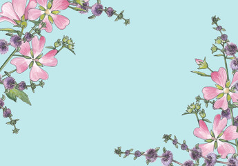 Floral background with pink flowers on blue.