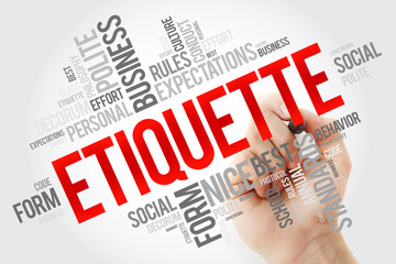 Etiquette word cloud collage with marker, social business concept on blackboard