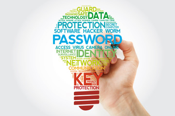 PASSWORD bulb word cloud with marker, business concept