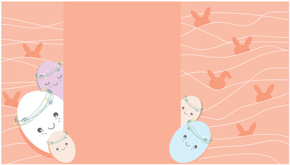 Easter holiday banner design with funny decorations eggs, bunny ears and branches on orange background. Perfect as a greeting card, invitation or element for design. Vector illustration