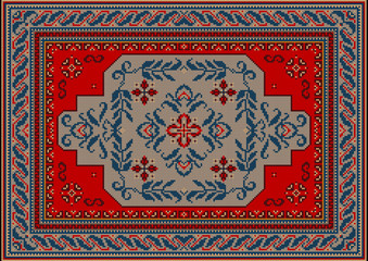 Vintage luxury carpet of red, gray and blue shades with a central ornament of curved branches with leaves