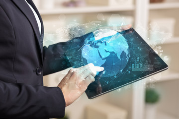 Working business woman with global reports and stock market change concept
