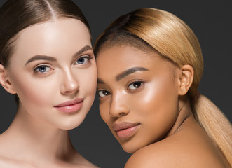 Women portrait mix races black skin and white skin female beauty