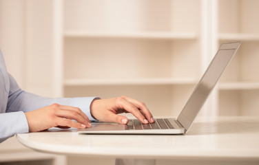 Business woman below chest working on her laptop in a cozy environment
