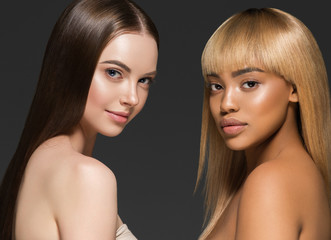 Women portrait mix races black skin and white skin female beauty