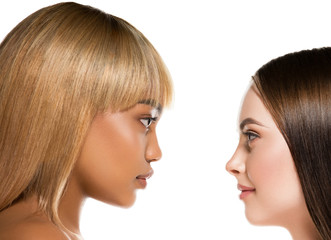 Women portrait mix races black skin and white skin female beauty