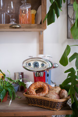 Breadbasket in the kitchen. Baking on the kitchen table