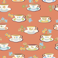 Pink pattern with tea cup and sugar bowl.