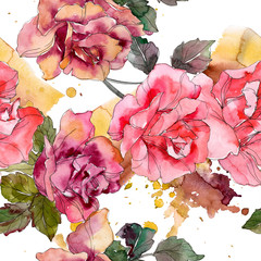 Pink rose floral botanical flower. Watercolor background illustration set. Seamless background pattern.