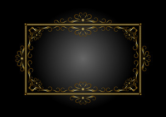 Golden rectangle shaped frame of strokes, with a pattern of golden calligraphic curves and curls on a black background