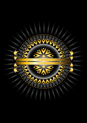 Naklejka premium Golden round frame of round beads with an oval of golden arrows and stars on a black background with silver rays and a double gold ribbon