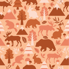 Seamless pattern with cute cartoon , elks, deers, bears, rabbits, beaver, deer, rabbits banny on peach background. Different plants. Funny forest animals. Children s illustration.