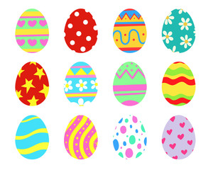 Set of 12 Easter eggs collection. Colorful decoration. Hand drawn vector illustration.