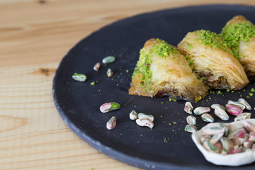 walnut, pistachio turkish style Antep Baklava presentation and service concept