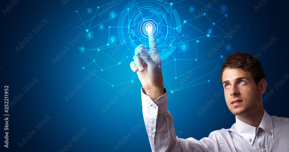 Aufkleber Man touching hologram screen displaying keys and locks