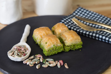 walnut, pistachio turkish style Antep Baklava presentation and service concept