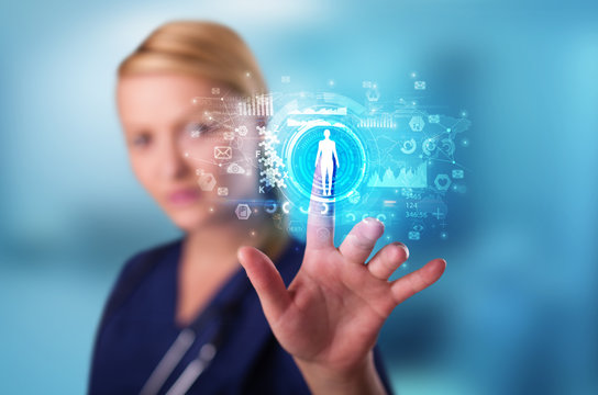 Doctor touching hologram screen displaying medical symbols and charts

