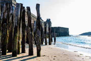 Wooden Poles outside Saint Malo walls at low tide