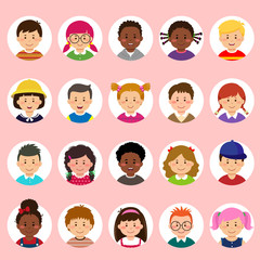 Set of kids faces, avatars, children heads different nationality in flat style.