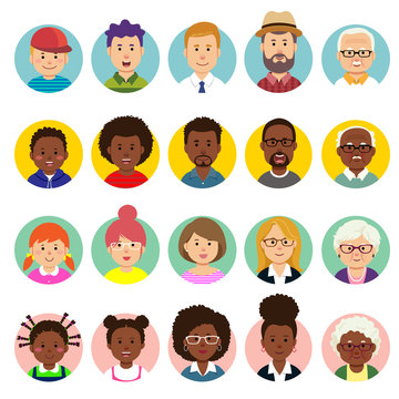 Set of human faces, avatars, people heads different nationality and ages in flat style.