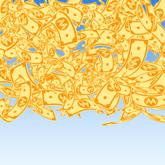 Korean won notes falling. Messy WON bills on blue 