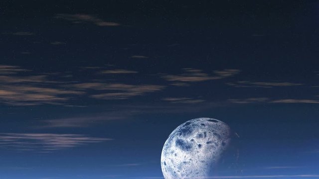 Moon over Alien City. In the dark starry sky appears planet. Under her alien city. Between the buildings and on the horizon a thick white mist. In the sky pink clouds.