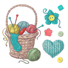 Set for handmade basket with balls of yarn, elements and accessories for crochet and knitting. - obrazy, fototapety, plakaty