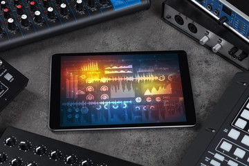 Electronic music instruments, microphone, piano, consoles and tablet with reports concept
