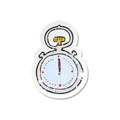 retro distressed sticker of a cartoon stop watch