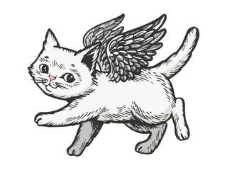 Angel flying kitten color white sketch engraving vector illustration. Scratch board style imitation. Black and white hand drawn image.