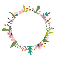 Floral hand drawn wreath. Spring abstract flowers and leaves.Spring print for posters and greeting cards.