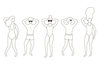 Outline sunbathing people vector illustration. Man and woman chilling at the sea or near the pool.