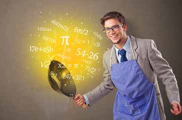 Person cooking numbers and mathematical staffs