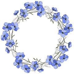 Fototapeta na wymiar Vector Blue Flax floral botanical flower on white background. Engraved ink art. Frame border ornament square.