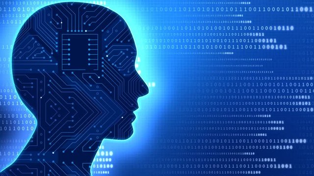 Artificial Intelligence (loop), human head with connection activity and circuit board, binary code in the background