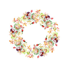 Bouquet of autumn forest fruits. Watercolor background illustration set. Frame border ornament square.