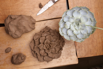 Sculpting clay plant decoration with model echeveria houseplant . Sculpting clay  crafts pottery in...