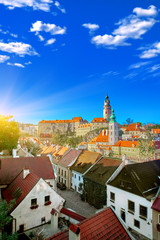 Beautiful sunset over historic centre of Chesky Krumlov old town in the South Bohemian Region of the Czech Republic on Vltava River. UNESCO World Heritage Site - 252219594
